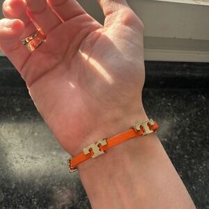 Tori Burch Orange Gold Leather Serif T Wrap Stackable Bracelet Charms